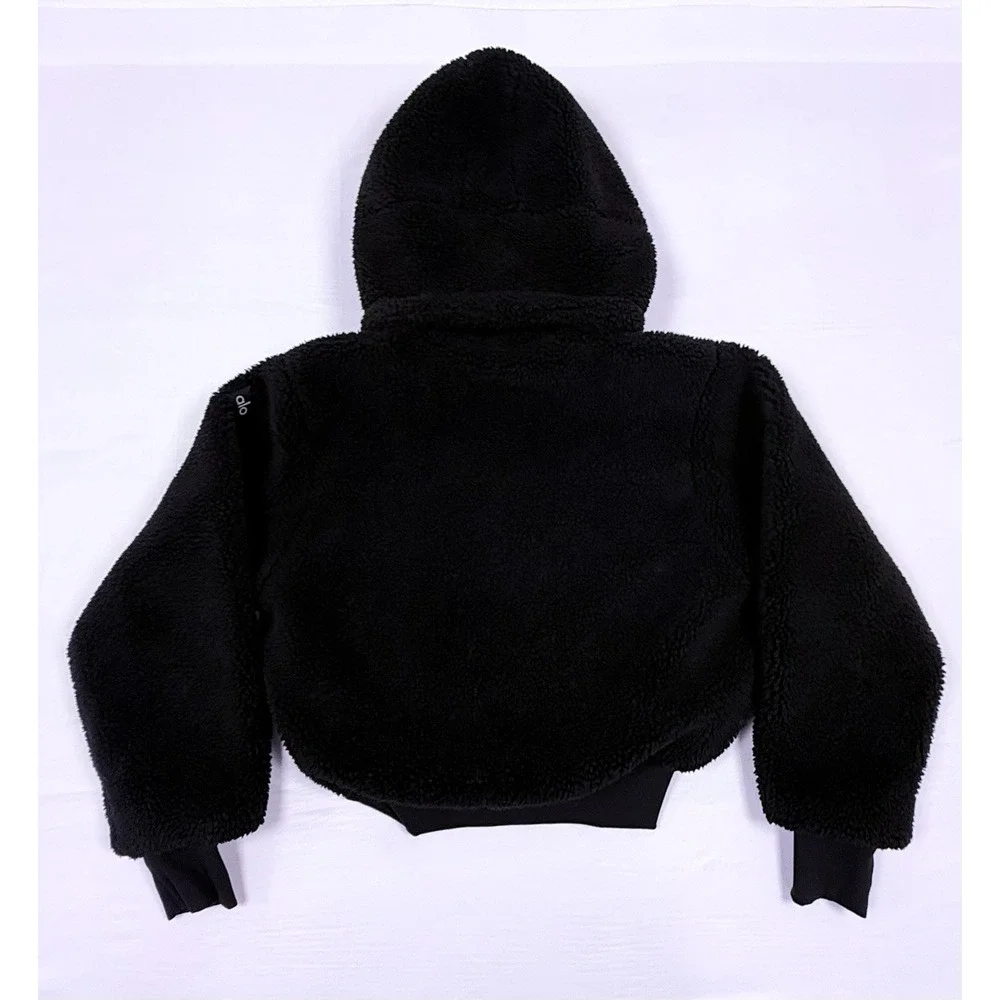 Alo Foxy Teddy Plush Sherpa Jacket Womens Medium Black Hooded Sportswear Workout - Picture 12 of 13